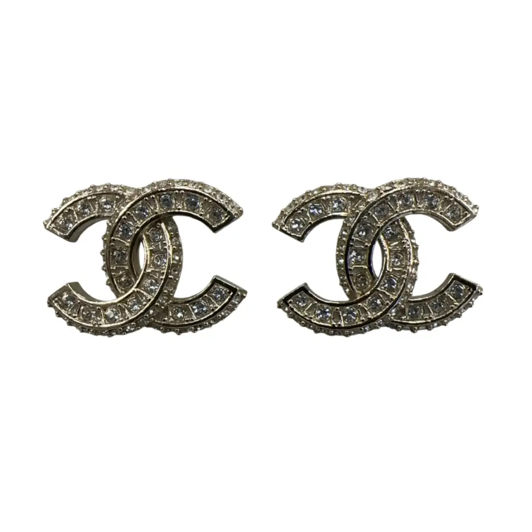 Chanel Light Gold Interlocking CC Logo Stud Earrings