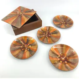 Vtg 5 Pc Smoking MCM Enamel Copper Dish Wooden Box Set