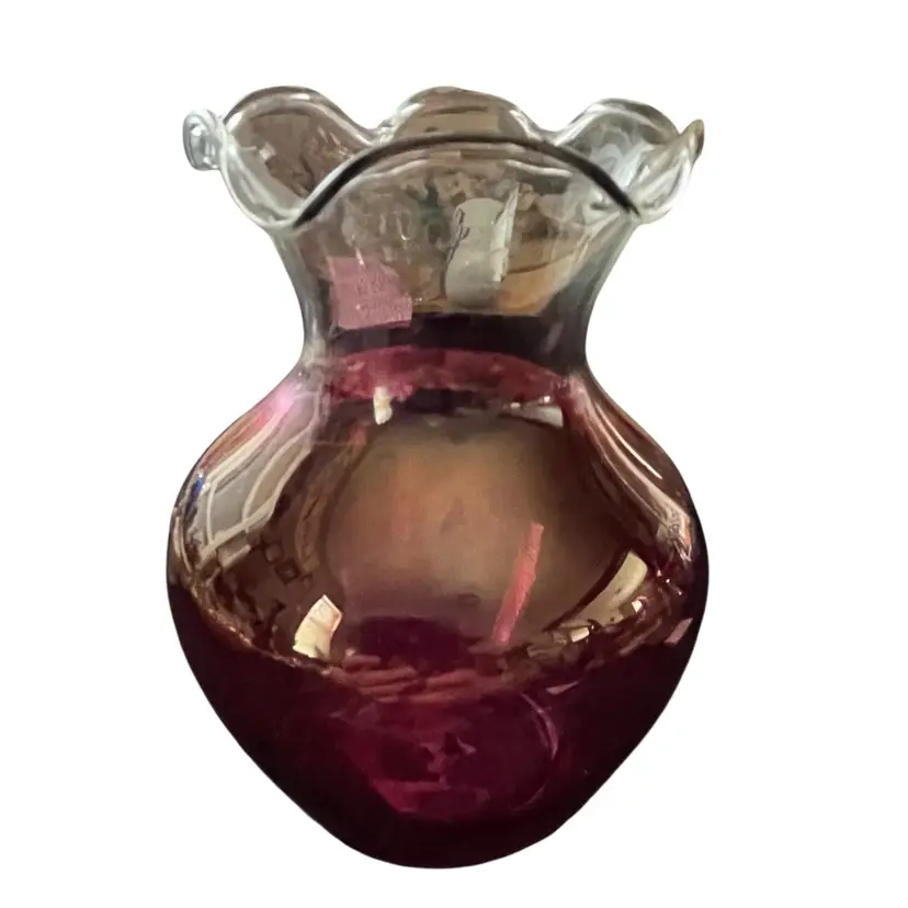 Vintage Cranberry Colored Ruffled Vase