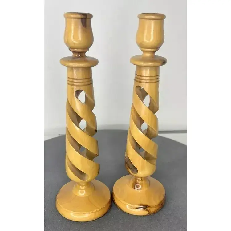 Vintage Pair Olive Wood Candle Stick Holders Open Spiral Hand Carved Bethlehem