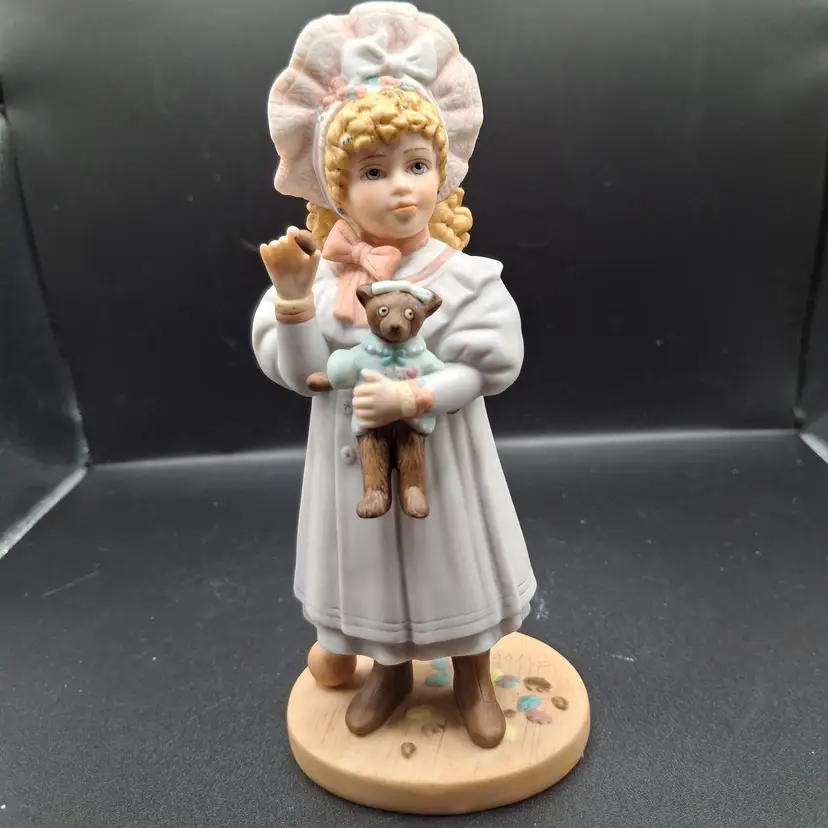 Young Girl Porcelain Figurine Holding Bear Wearing Bonnet Bow Signed Numbered