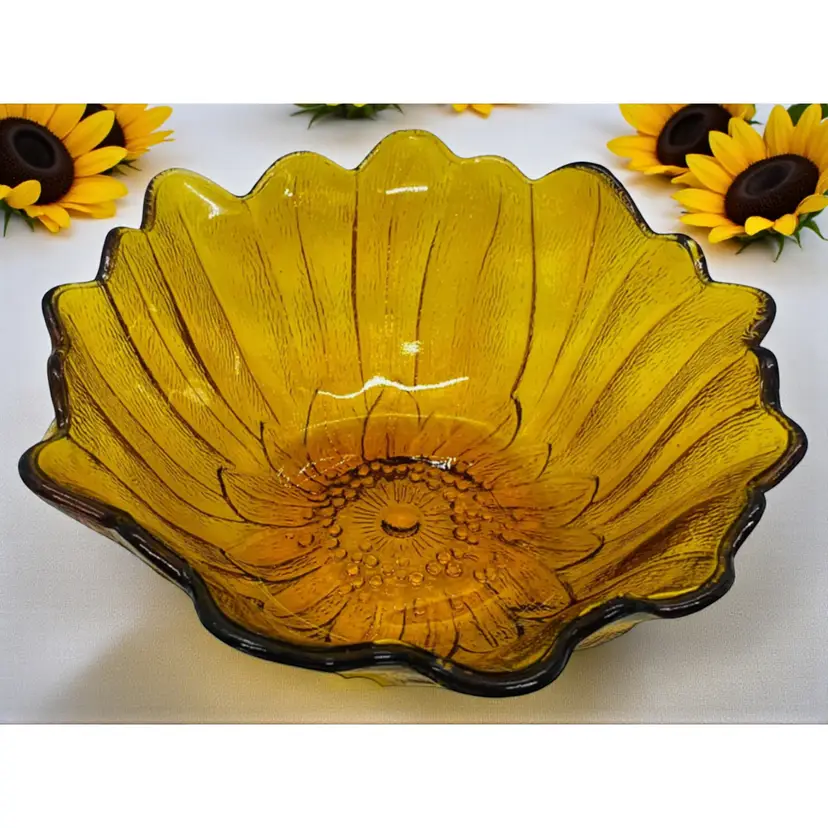 Indiana Glass Amber Sunflower Serving Bowl 7" Vintage Pressed Glass