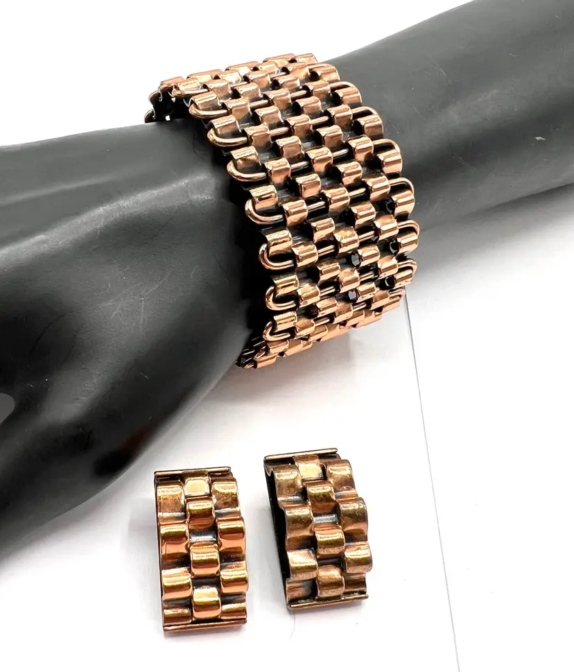 Renoir Copper Modernist Jewelry Set, Signed Cuff and Earrings
