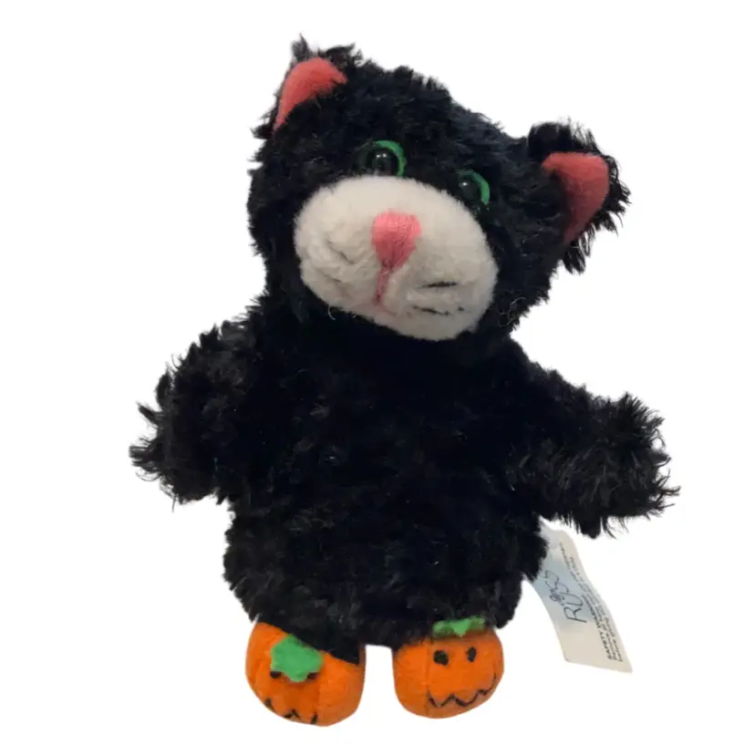 Adorable Little 4” Scruffy Black Russ Plush Kitty Wearing Pumpkin Booties NWT