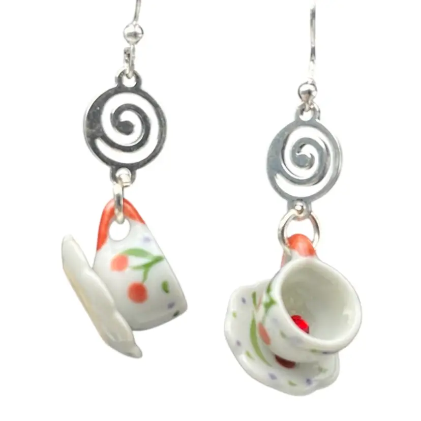 Short Swirl Cherry Teacup Earrings