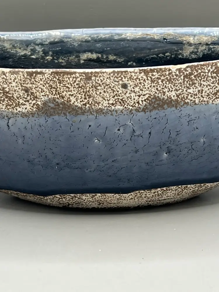 Raku Crackle Glaze Art Pottery Bowl Purple/Blue Glaze Boat Shaped Planter 11”