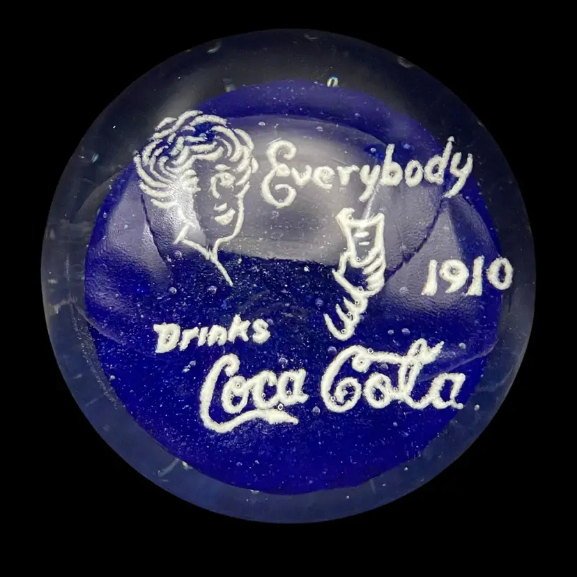 Antique Coca-Cola Advertising Blue White Clear Glass Paperweight 2.5" H x 3.25"W