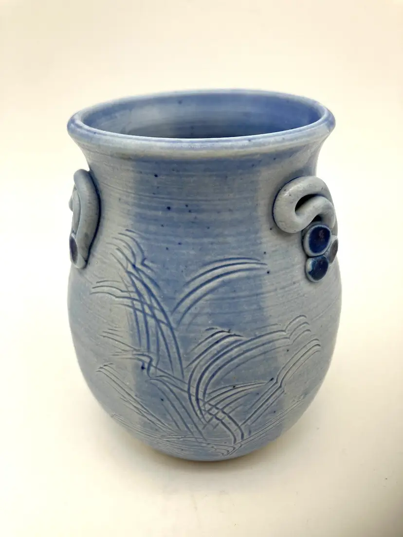 BIN - Vintage Blue Handmade Pottery Bud Vase Or pen holder. Signed Judy ‘79.
