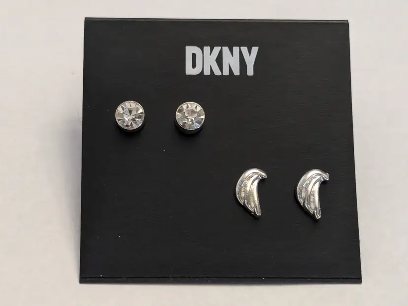 DKNY Silver Tone Stud Crystal Pierced Earrings Set NWT