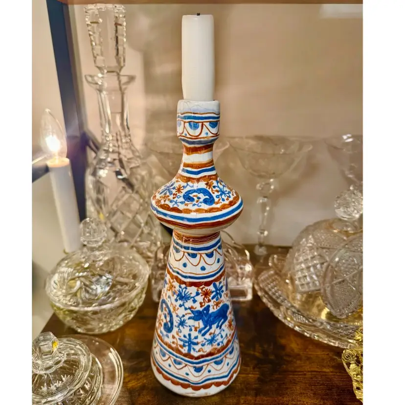 π΅πΉ Portugal vintage Berardor 10β hand-painted ceramic taper candle holder, similar to Talavera or folk art pottery