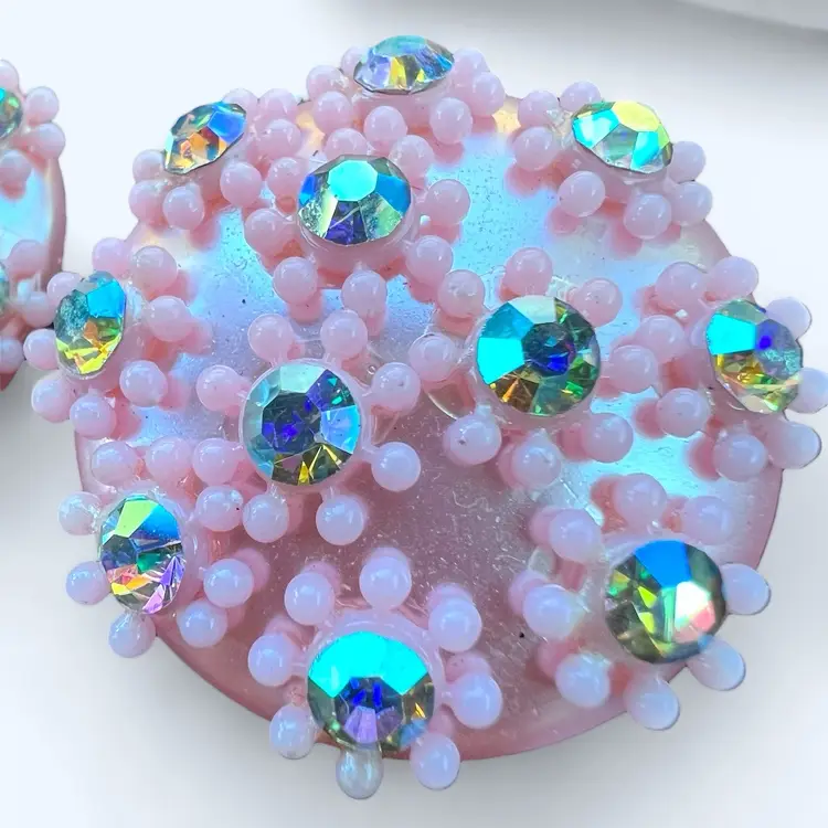 Lucite Clip On Pink Domed Earrings With Flowers & AB Crystal