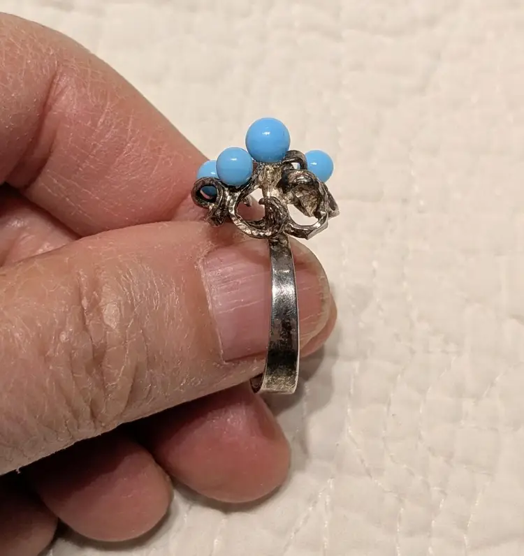 Vintage Signed Abstract Sterling Silver Ring with Sky Blue Stones, Size 6.5