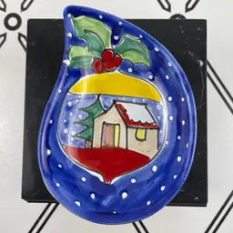 Italian Pottery Winter Christmas Snow globe Spoon Rest Trinket Dish Handpainted