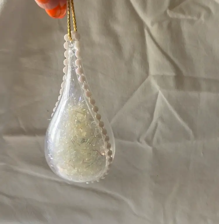 Clear Acrylic Christmas ornament filled with white fabric Rose flowers & Tinsel