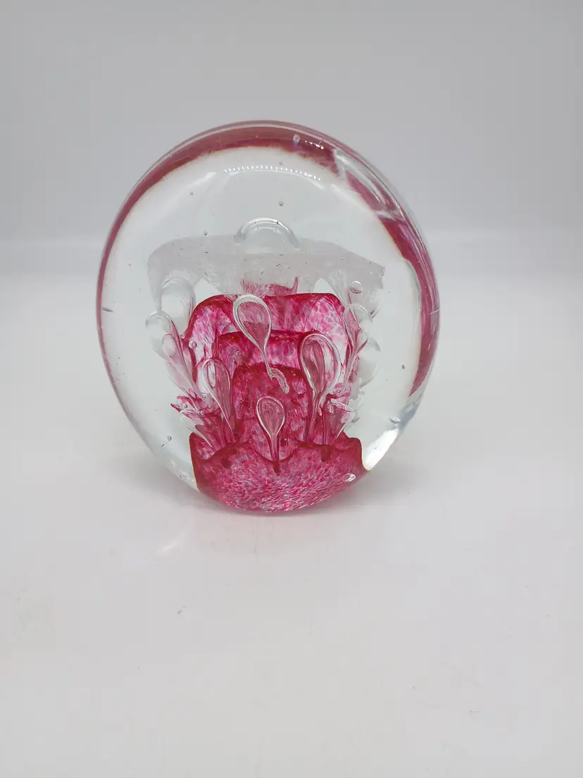 Large 5" Art Glass Paperweight Pink White & Clear Bubbles Abstract Design.