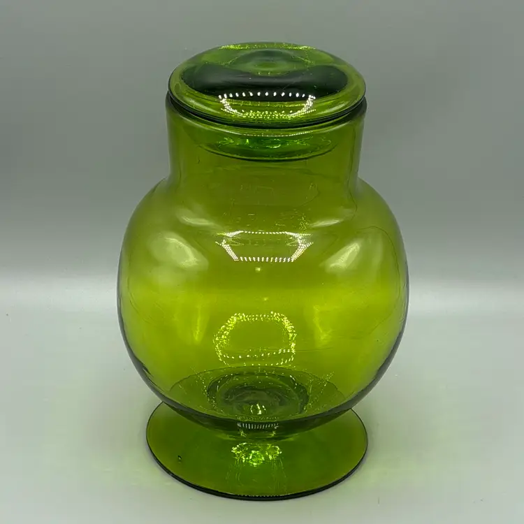 Blenko Apothecary Jar Footed Lidded #7423 Olive Green Nickerson Design 1970s