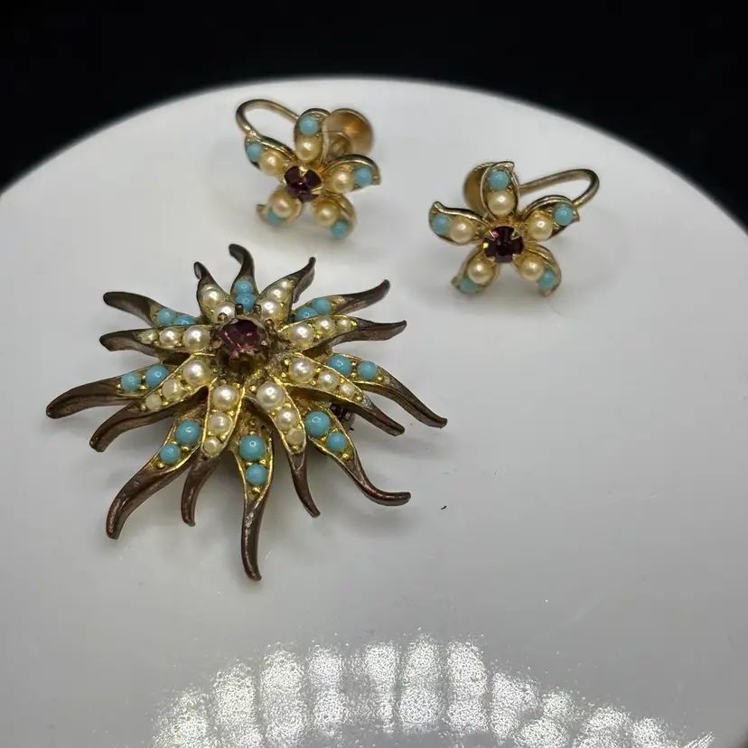 Set 1 - Vintage Turquoise & amethyst Starburst And Coro Clip Earrings