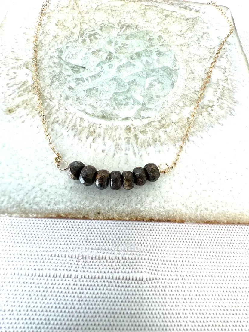 #37 Dainty Necklace Of Gold  Accented With Seven Bronzite Beads Of Brown 17”