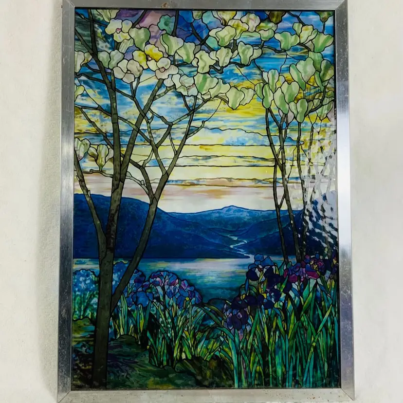 “Magnolias And Irises” By Tiffany Inspired European Church Mosaic Art Glass Film Stained Window Sticker Self Adhesive / Static Cling Applied To 13” By 9” Glass Bordered By .5” Metal Border
