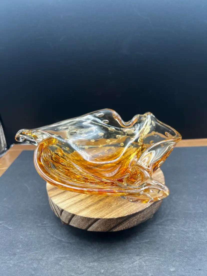 #527B Vintage Art Glass Amber/Yellow/Gold Folded Triangular Bowl/Ashtray with Controlled bubbles