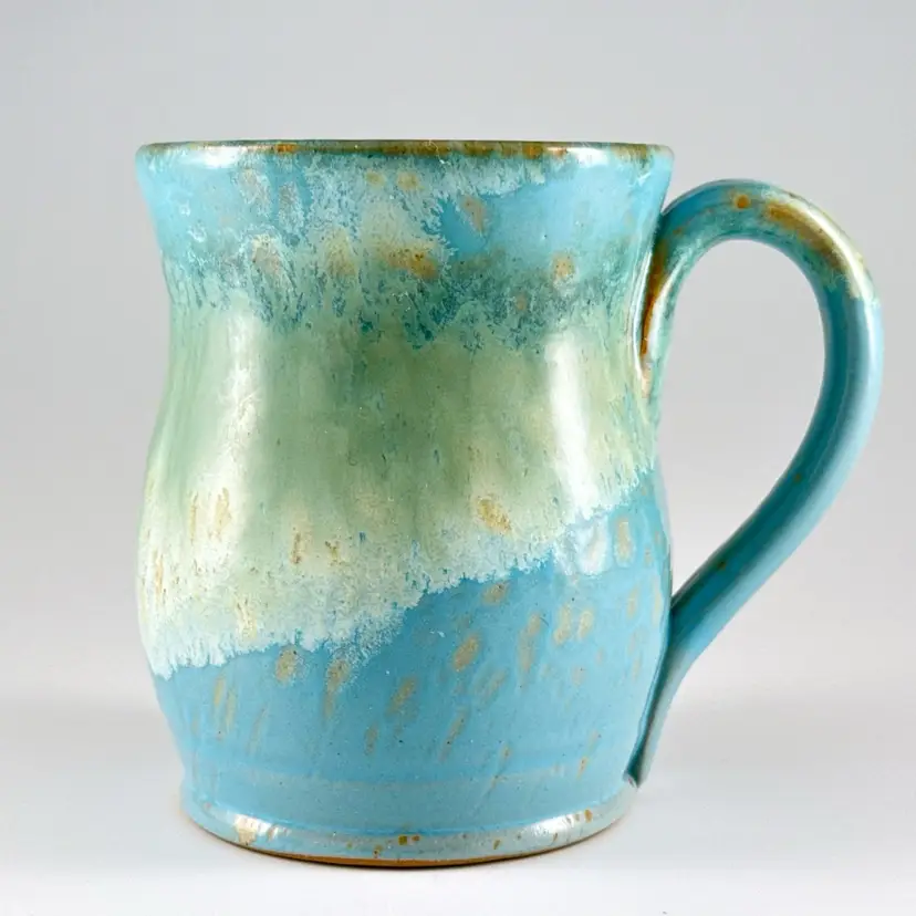 Jerry Beaumont Studio Pottery Mug, Aqua Green & Blue Drip Glazed Ceramic Coffee Cup, Handmade in USA