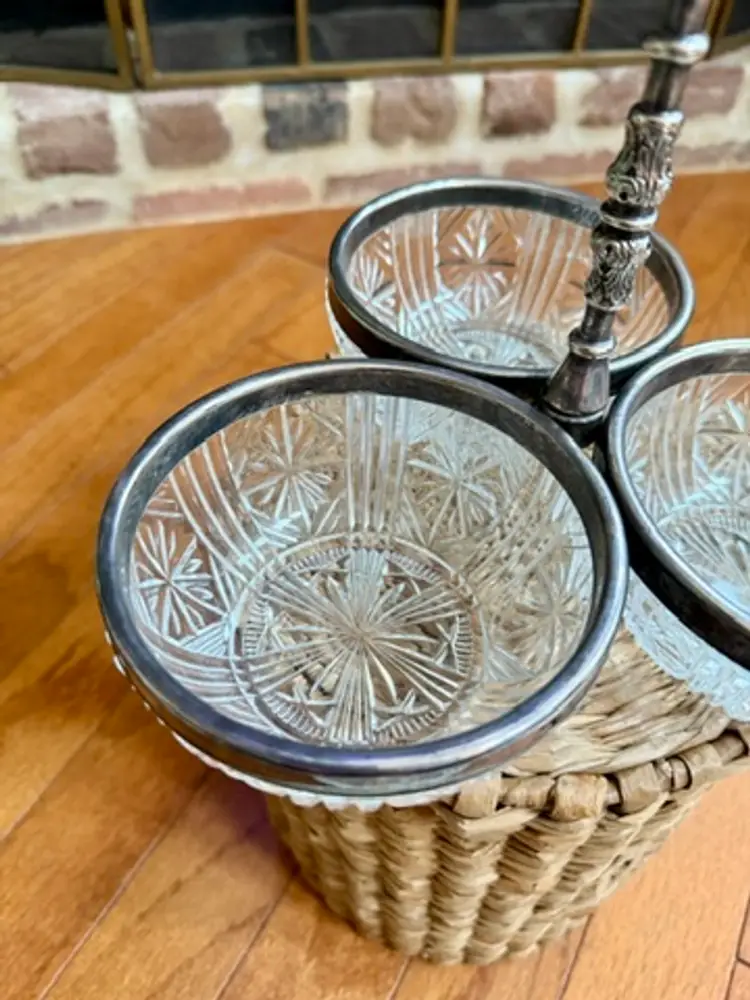 Vintage Silverplate & Cut Glass Triple Condiment Server – 3-Bowl Relish Dish with Ornate Handle