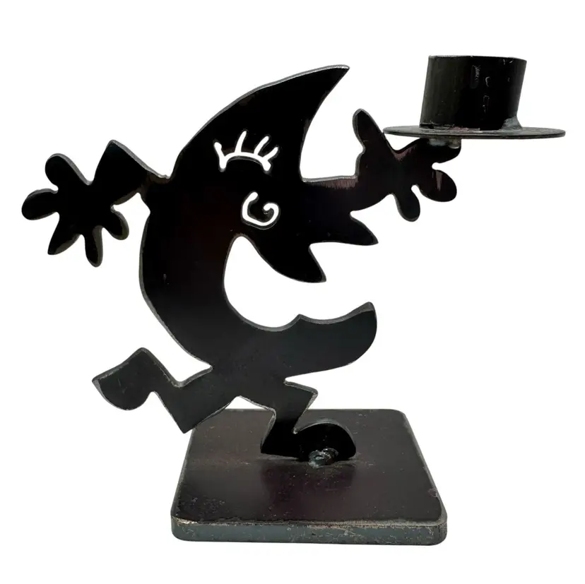 Vintage Brutalist Candle Holder Cut Steel Modernist Moon Man Running Pop Art