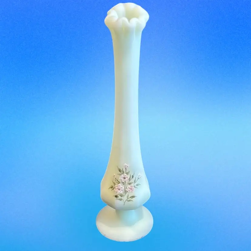 Fenton Custard Hand Painted Floral Bud Vase Signed By Artist