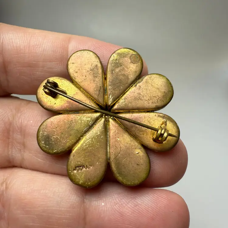 Vintage Micro Mosaic Glass 8 Petal Flower Brooch Pin Pink Red Italy Stunning