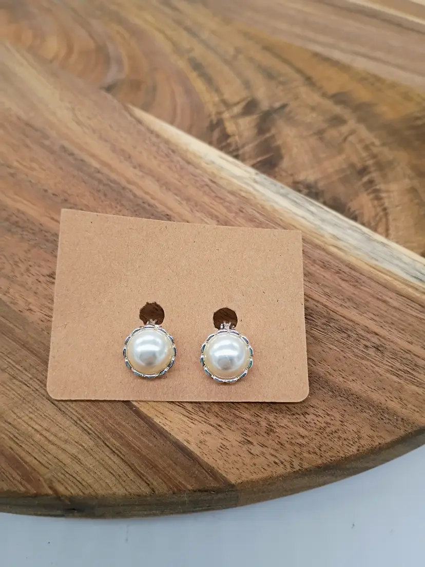 TJG The Jewelry Group Silver tone Bezel set 10 MM Faux Pearl Stud Clip on Earrings