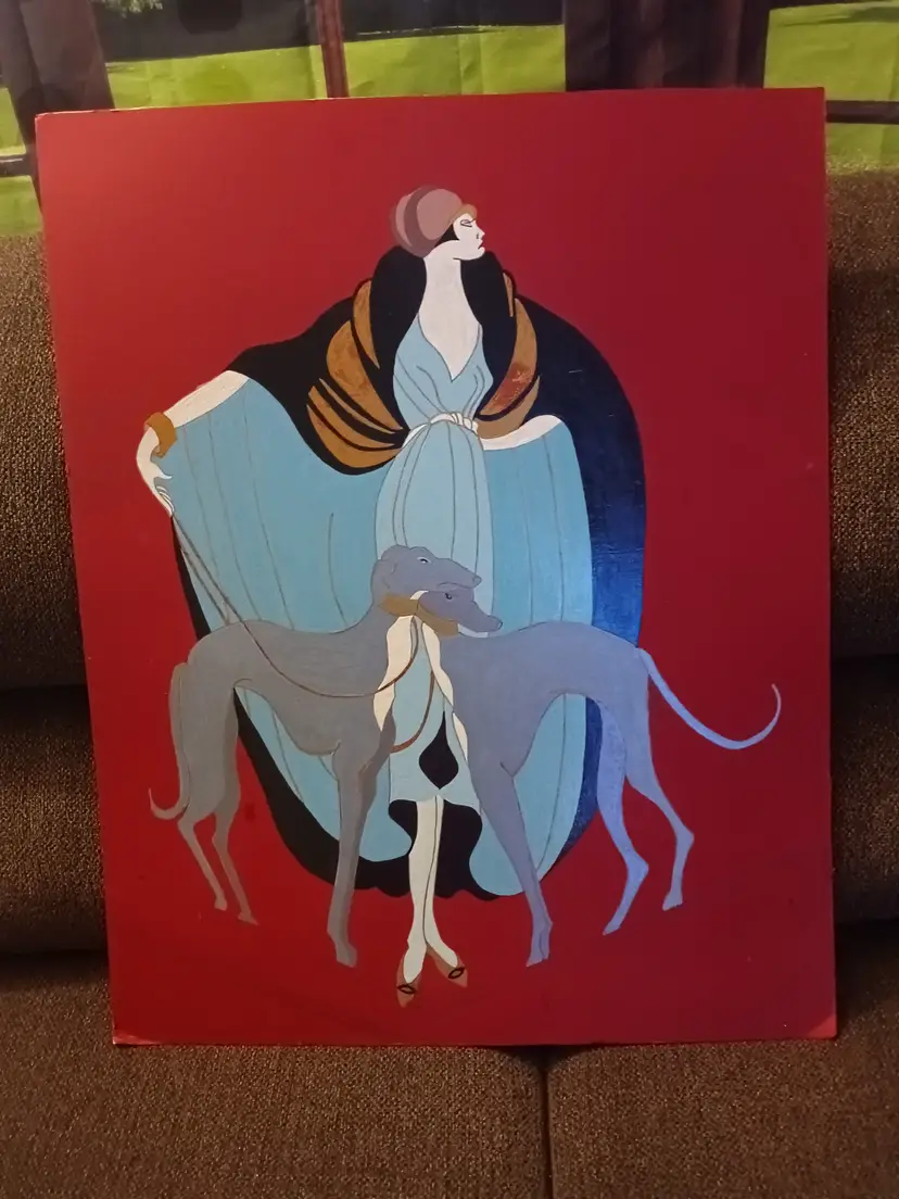 Vintage Art Deco Style Painting Woman with Greyhounds 28x22 Board