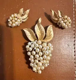 Trifari Gold, Pearl & Rhinestone Grape Pin and Earrings Set