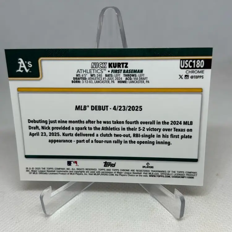 2025 Topps Chrome Update Nick Kurtz Debut #US180 RC Rookie Athletics