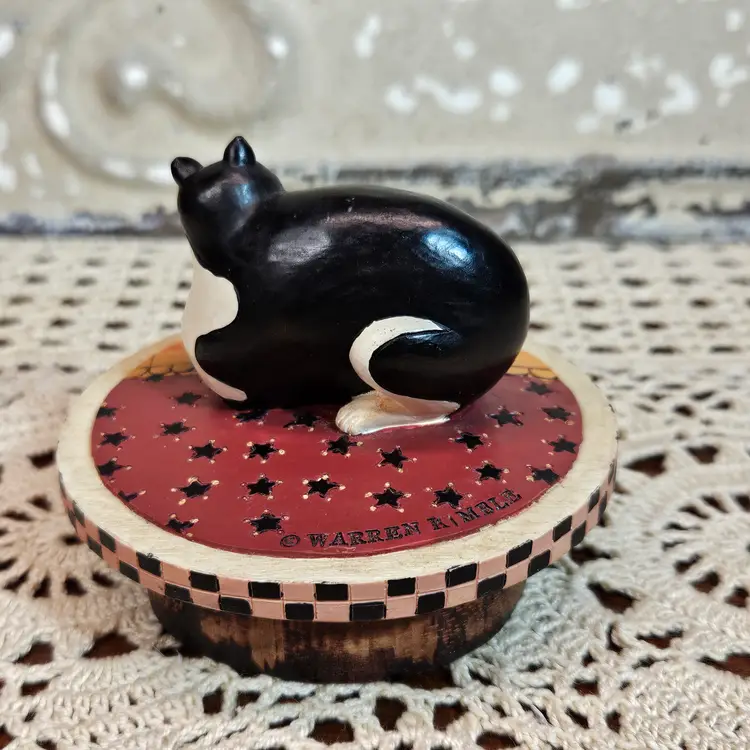 Warren Kimble Fat Cat Folk Art Candle Jar Topper Lid Cap Quilt Figurine