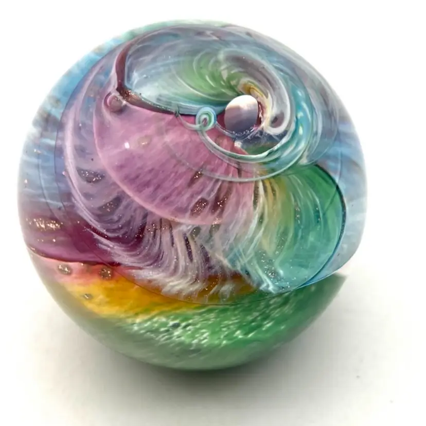 19 - Vintage Pastel Rainbow Swirl Art Glass Paperweight Marilyn Kimble Holt WV 2”