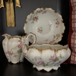 Vinage Set of Haviland Limoges Gold Detailed Rose Small Creamer & Bowls