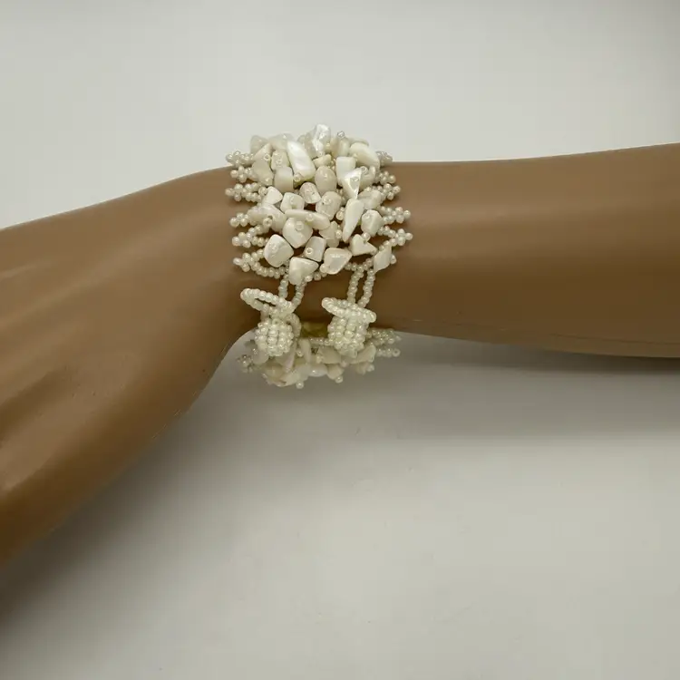 Vintage Woven Faux Biwa Mother Of Pearl Chip Cuff Bracelet Adjustable