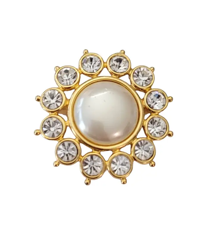 Liz Claiborne Clear Rhinestone Faux Pearl Round Brooch Pin, Signed E650