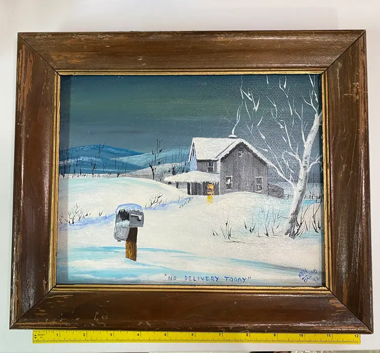 Winter Scene Painting on board “No Delivery Today” Frame Has Damage 10”x12”