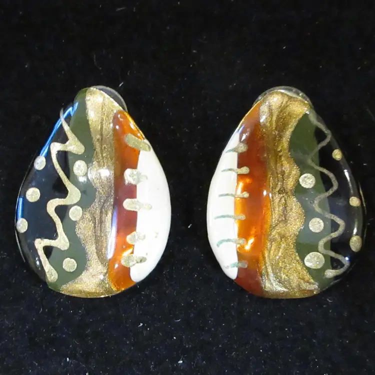 Vintage Hand Painted Enamel on Gold Tone Metal Post Back Earrings with Abstract 1980s Pattern - 1.5 Inches Long