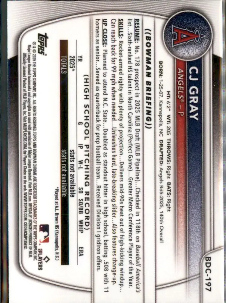 2025 Bowman Draft #BDC-197 CJ Gray Chrome - (138) - Los Angeles Angels