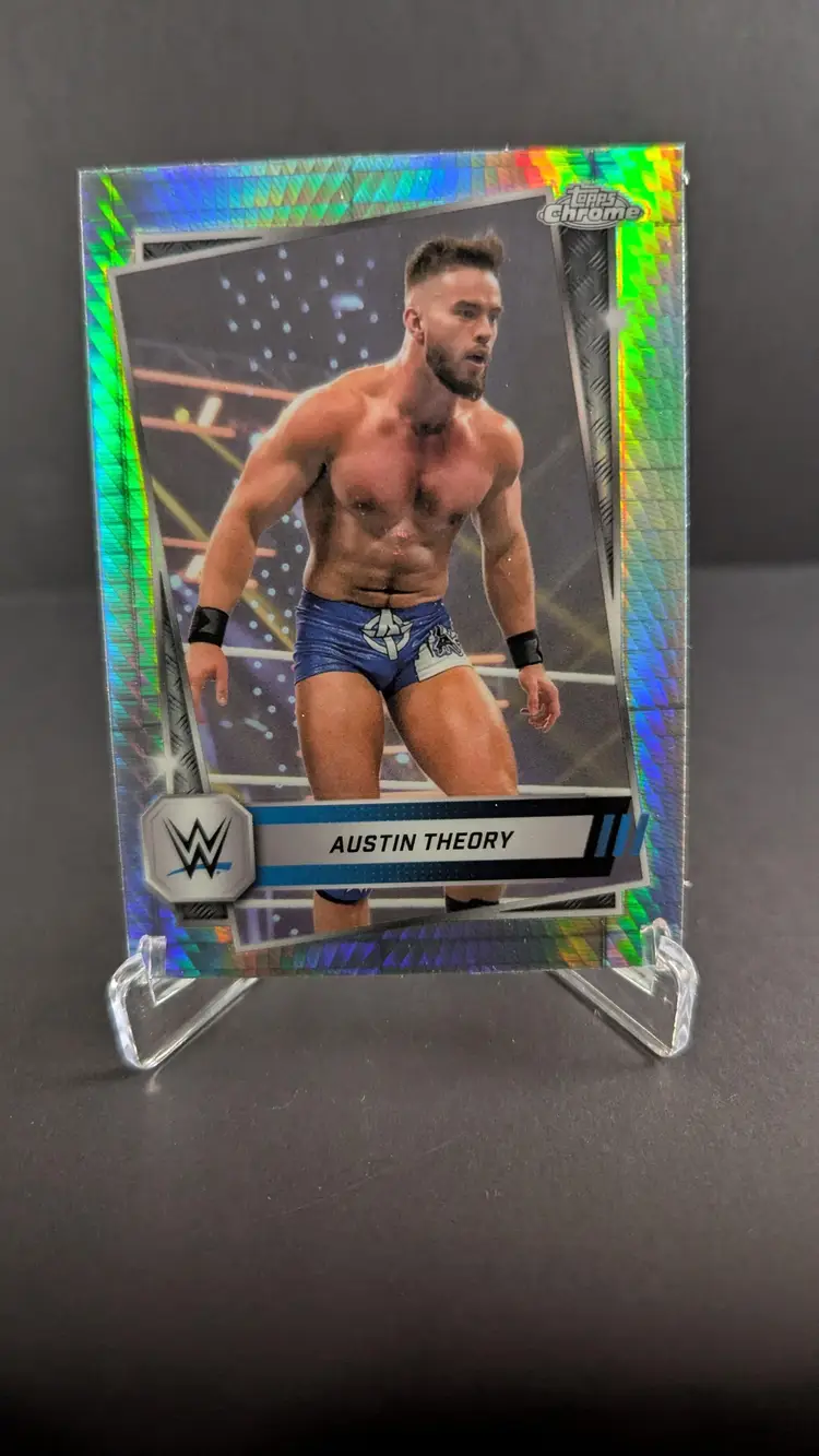 Austin Theory 2025 WWE Topps Chrome PRISM Refractor and Black SIlver