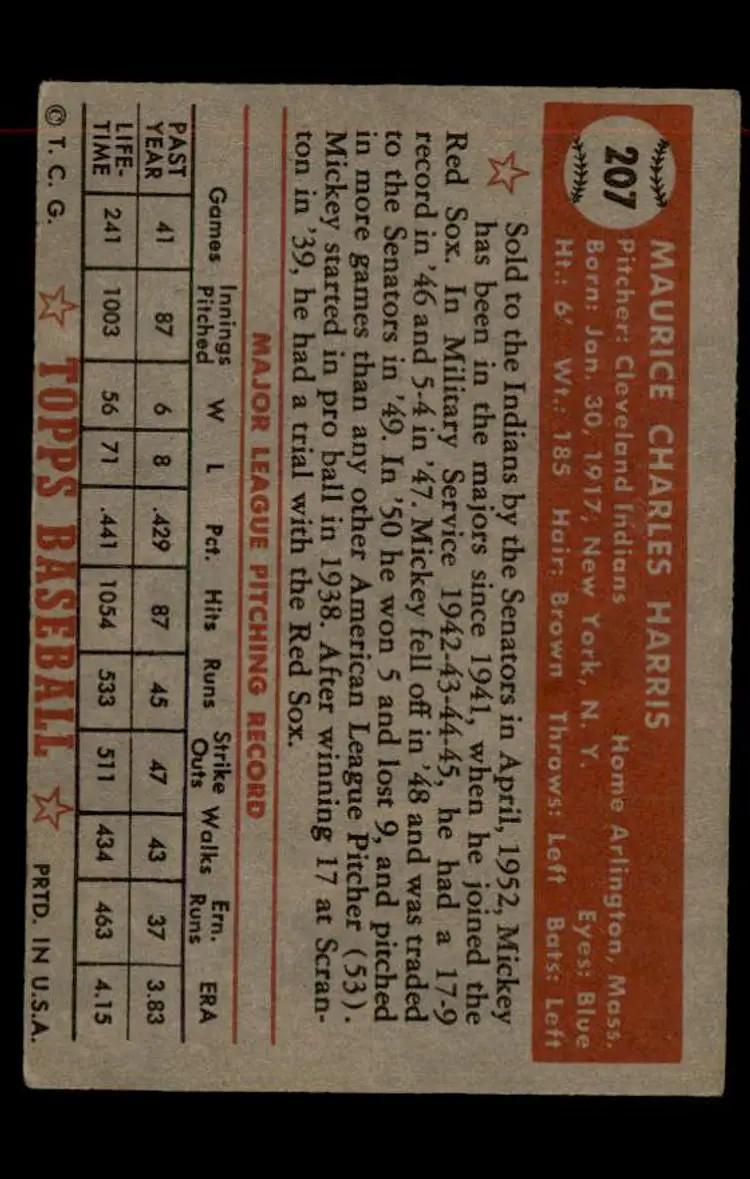 1952 Topps #207 Mickey Harris - (pk-tl1) - Cleveland Indians