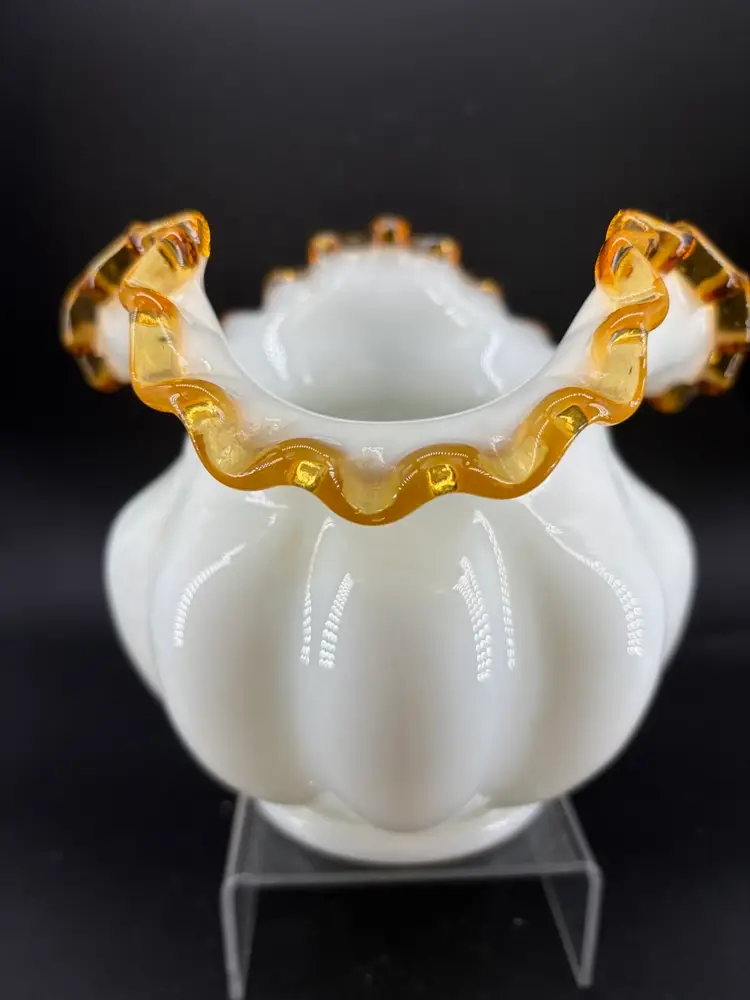 Vintage Fenton Gold Crest Milk Glass Vase with Amber Ruffled Edge