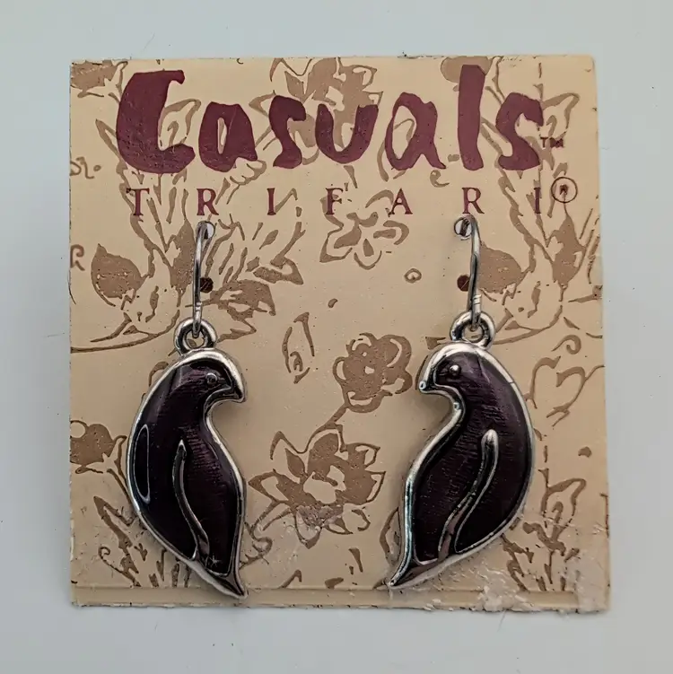Trifari Casuals Plum Enamel on Metal Birds Partridge Drop Hook Pierced Earrings