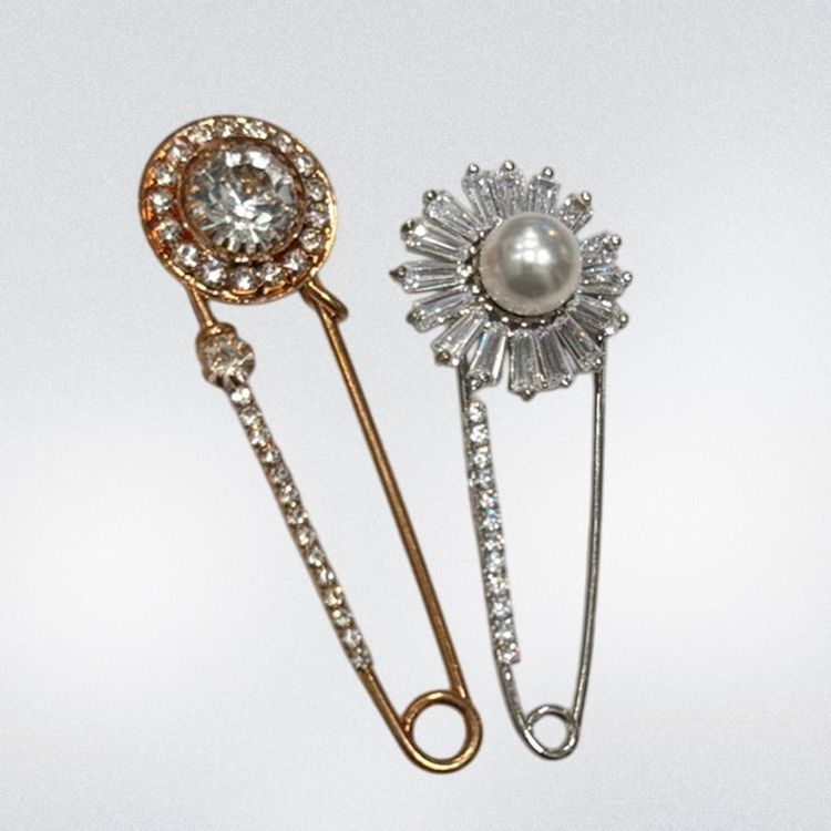 Lot (2) Rhinestone Pave Crystal & Faux Pearl Kilt, Shawl, Scarf Pins/ Brooches SilverTone & GildTone