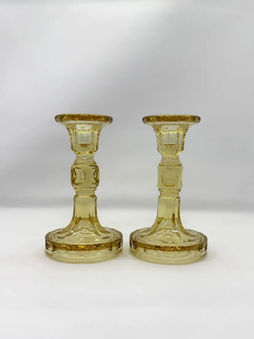 Topaz Glass Dual Candle Holders – Fostoria Hermitage 1930s Depression Era Pair - 0264-25