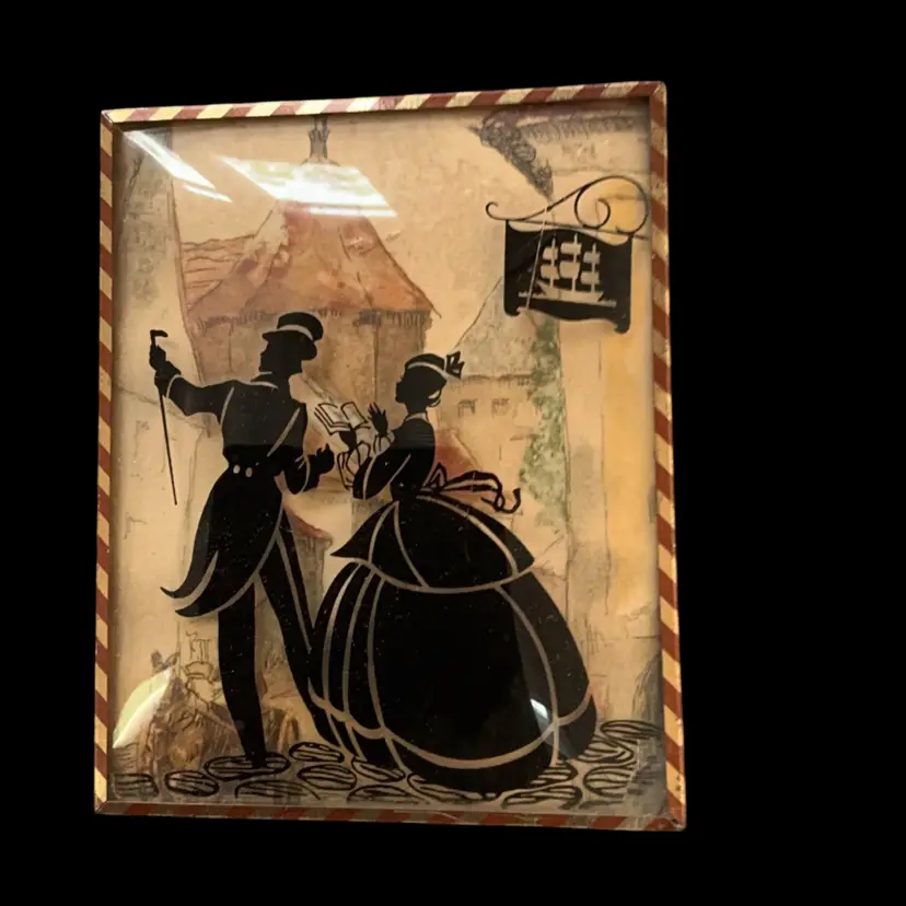 Small Framed Reverse Painted Silhouette on Convex Bubble Glass 5”x 4”