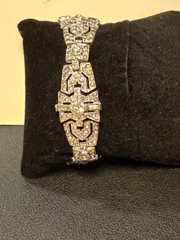 Vintage Signed KTF Trifari Art Deco Pave Jeweled Rhinestone Silver Tone Bracelet