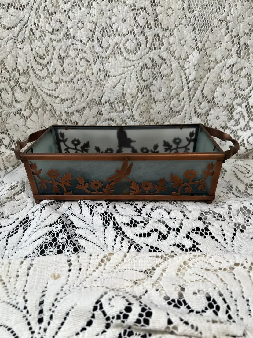 Copper Tone, Metal And Frosted Glass Party Lite 13.5" X 5.5" X 3" Footed Votive/Tea Light Holder